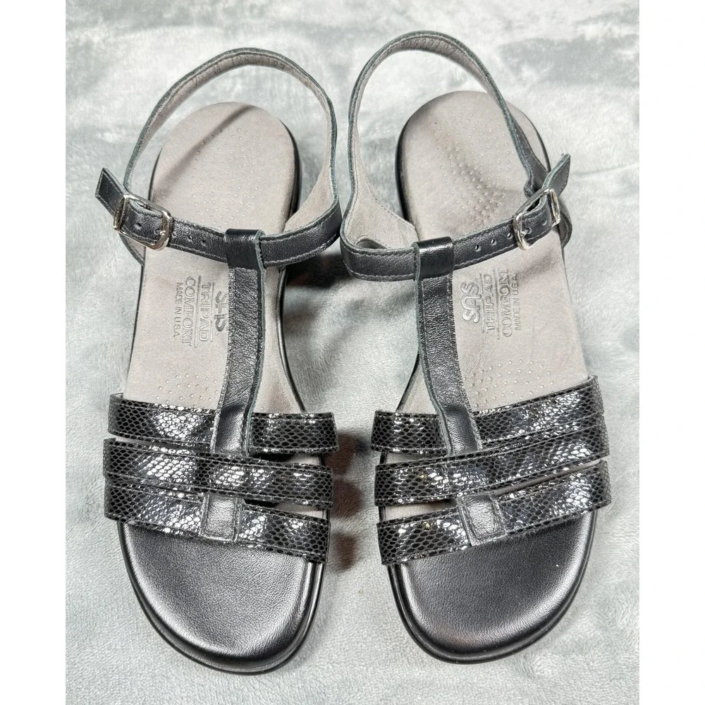 SAS Sandals Womens Size 7 Black Tripad Comfort Slingback Wedge Strappy‎ Leather